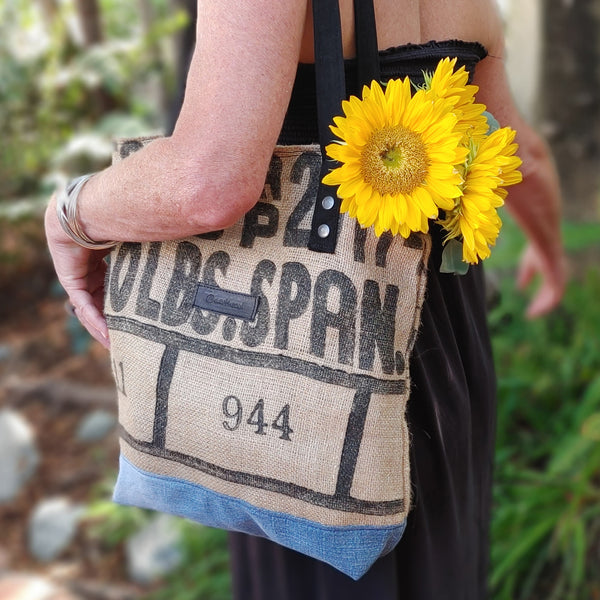 Sustainable market tote bags made from upcycled coffee sacks, denim, and more.